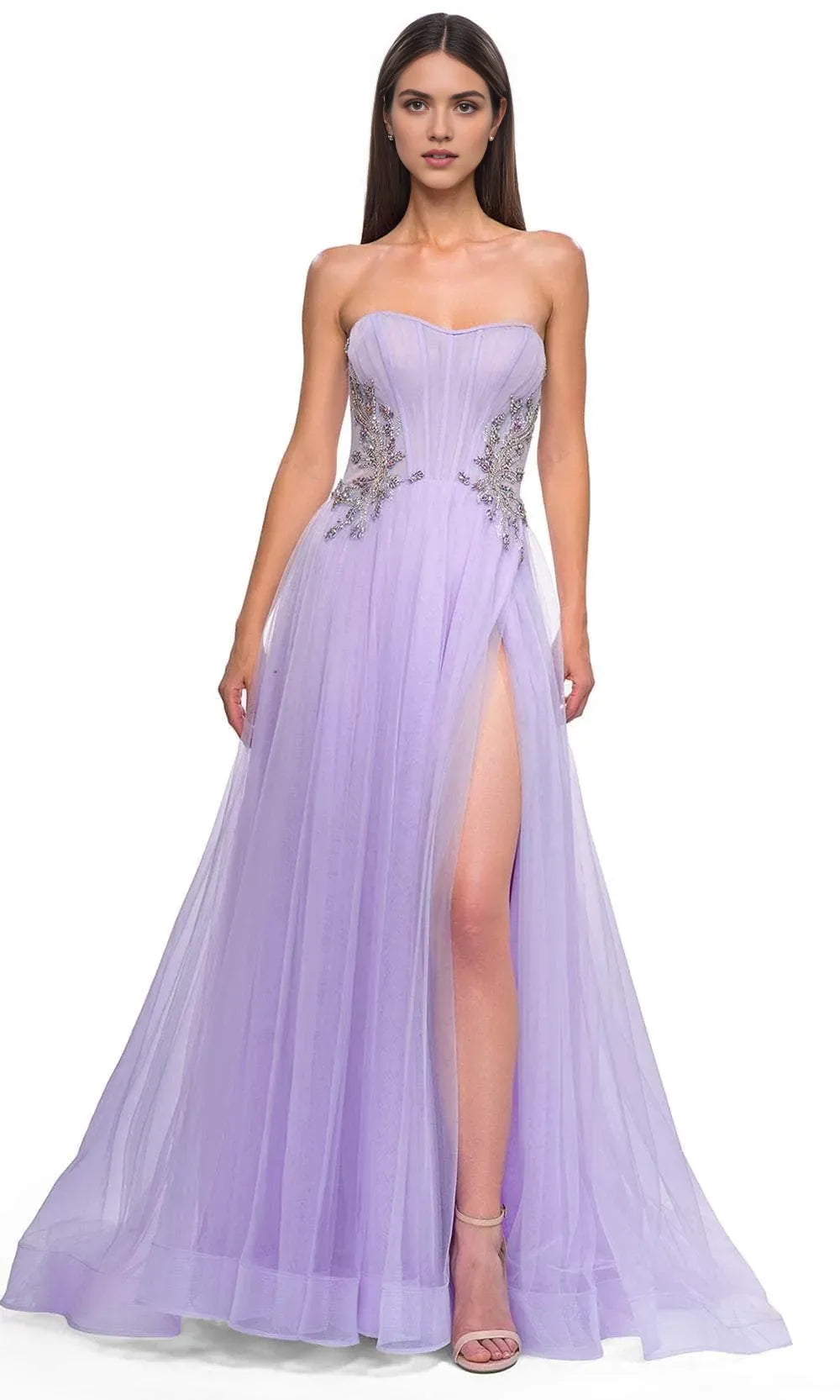 Light Blue Strapless Prom Dress with Beaded Corset Bodice High Side Slit and Flowy Tulle Skirt for Formal Evening Events
