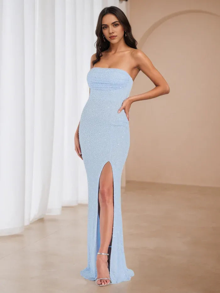 Light Blue Strapless Sequin Prom Dress with High Slit Sparkling Evening Gown for Formal Dances