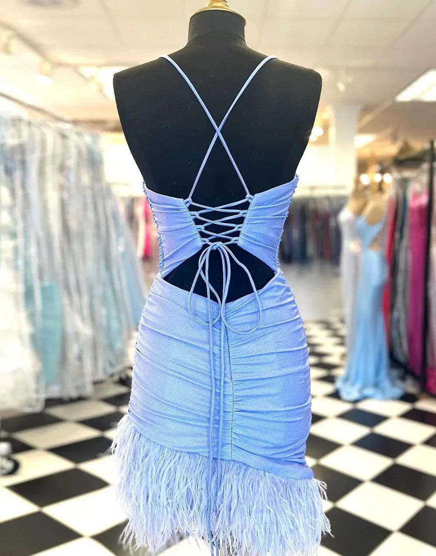 DingJiDress Light Blue Spaghetti Straps Tight Homecoming Dress With Feather