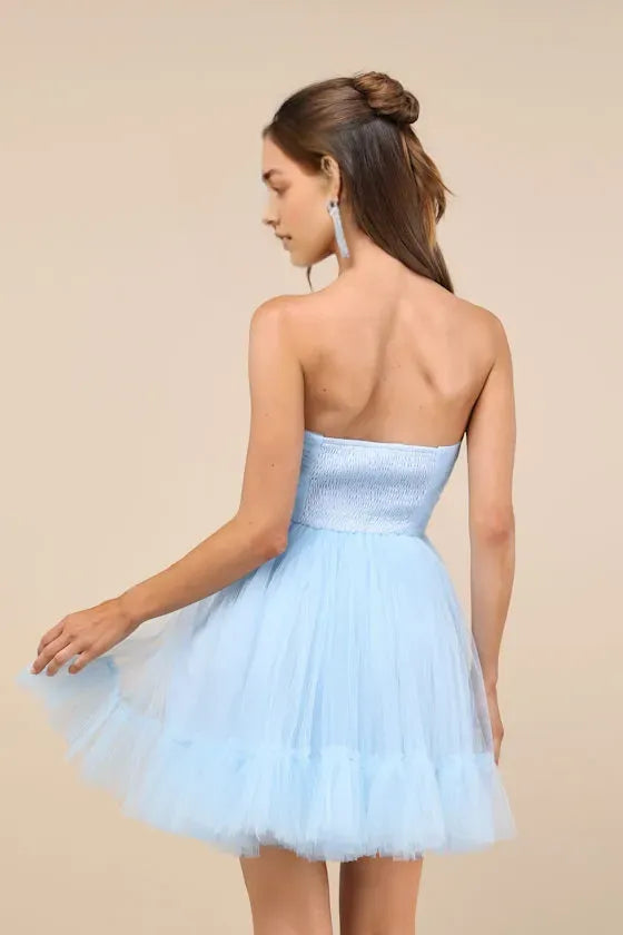 Light Blue Tulle Homecoming Dress Strapless Sweetheart Neckline Tiered Skirt Dance into a Fairytale at Your School’s Big Night