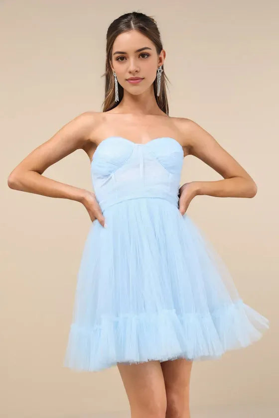 Light Blue Tulle Homecoming Dress Strapless Sweetheart Neckline Tiered Skirt Dance into a Fairytale at Your School’s Big Night