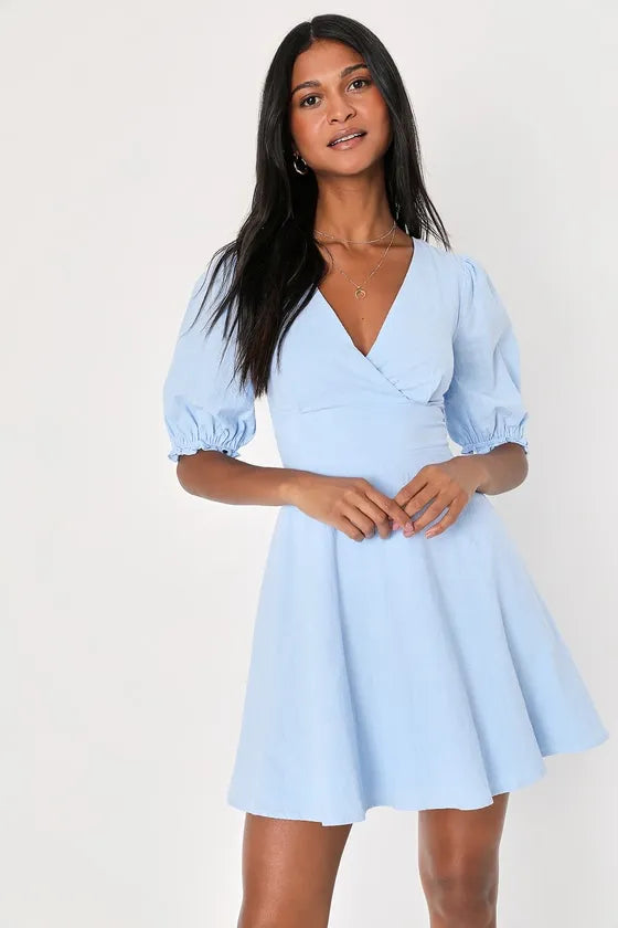 Light Blue V - Neck Homecoming Gown Puff Sleeves Flared Hem  Shine with Effortless Grace