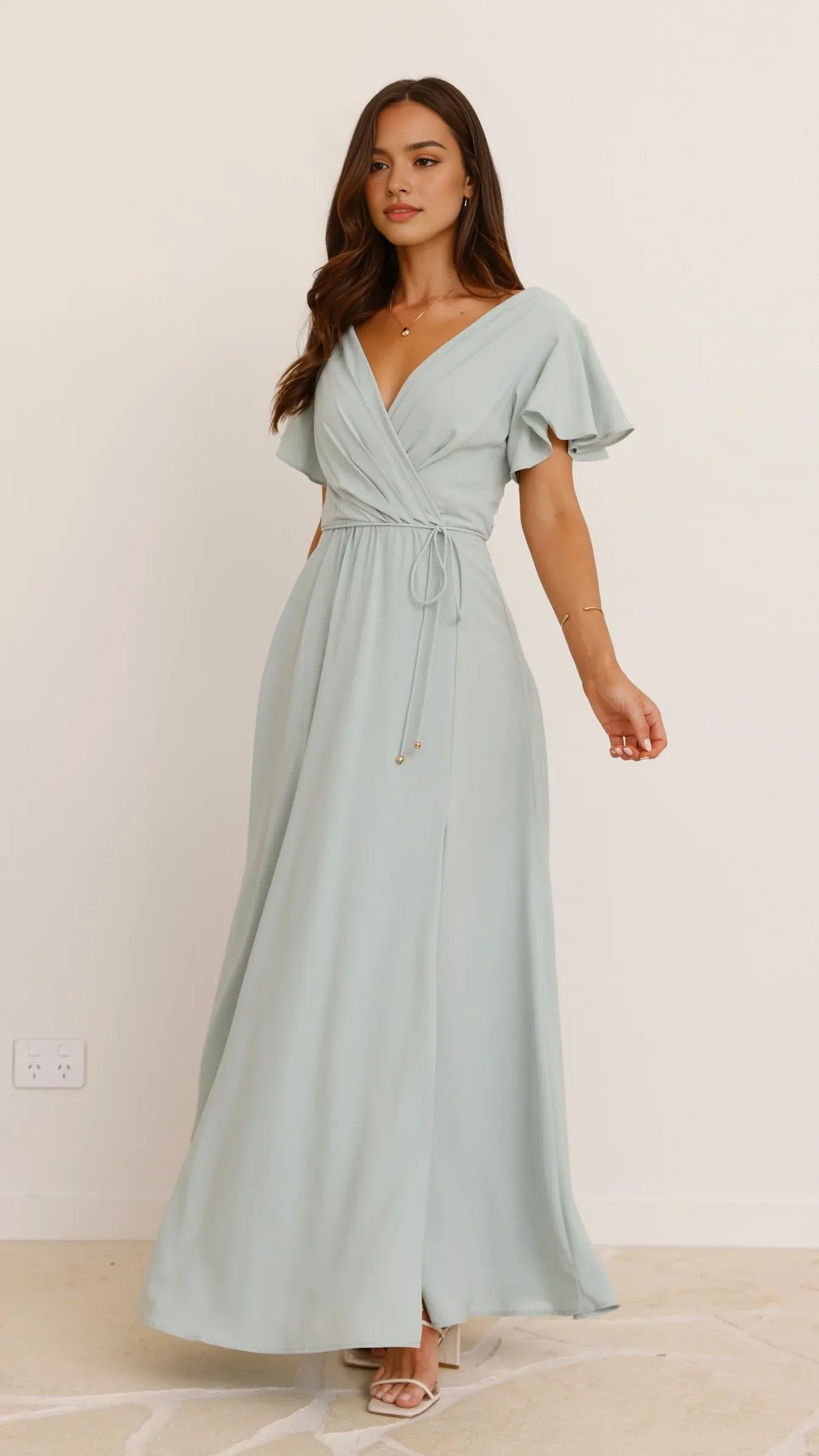Elegant Light Blue Wrap - Style Prom Dress with Flutter Sleeves and Side Slit Floor - Length Formal Gown for Special Occasions