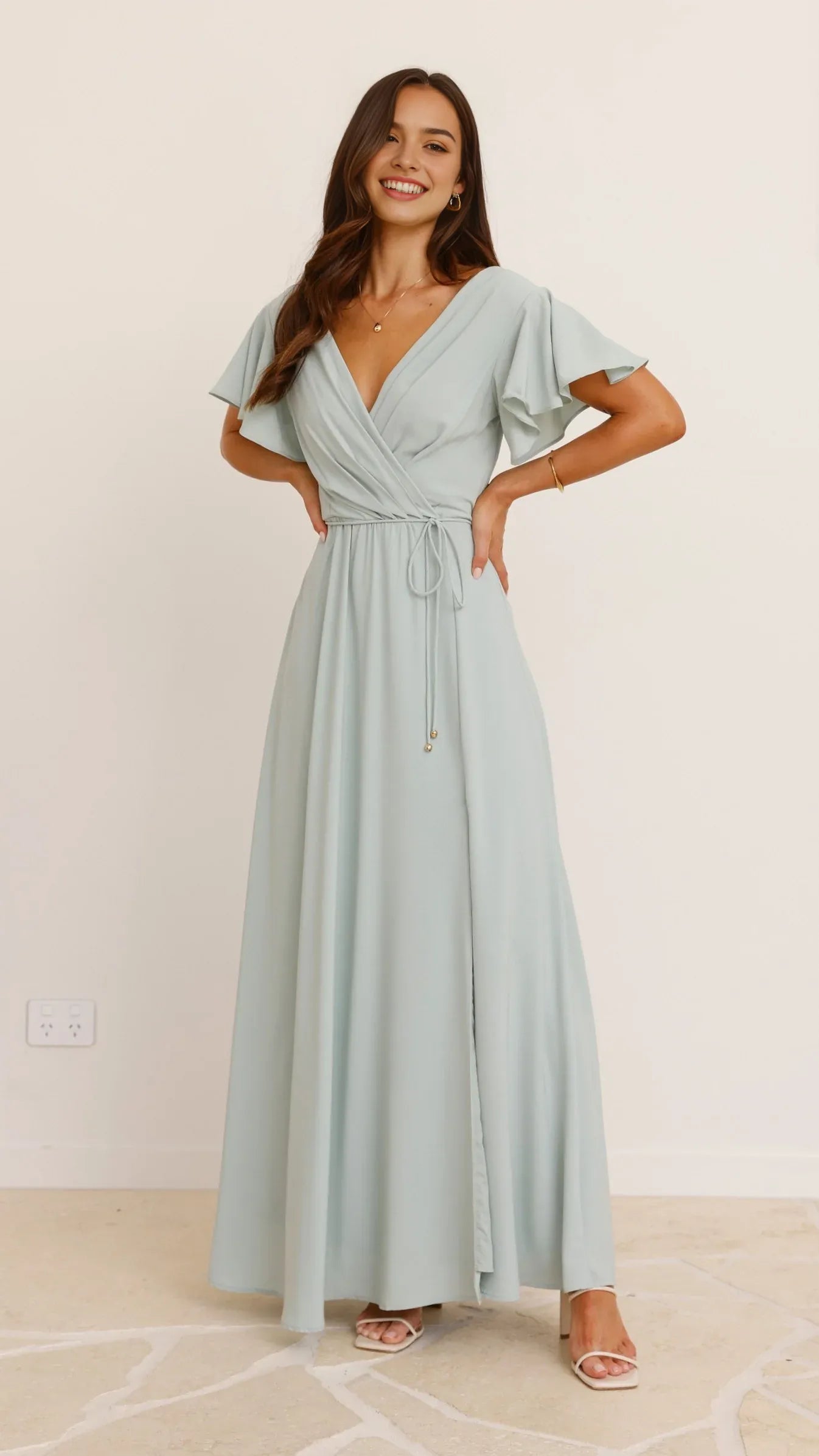 Elegant Light Blue Wrap - Style Prom Dress with Flutter Sleeves and Side Slit Floor - Length Formal Gown for Special Occasions