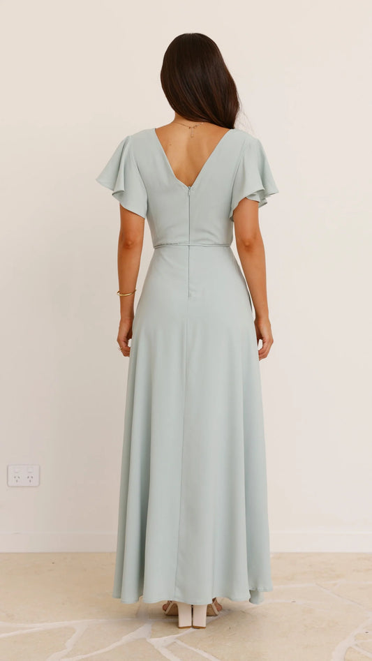 Elegant Light Blue Wrap - Style Prom Dress with Flutter Sleeves and Side Slit Floor - Length Formal Gown for Special Occasions