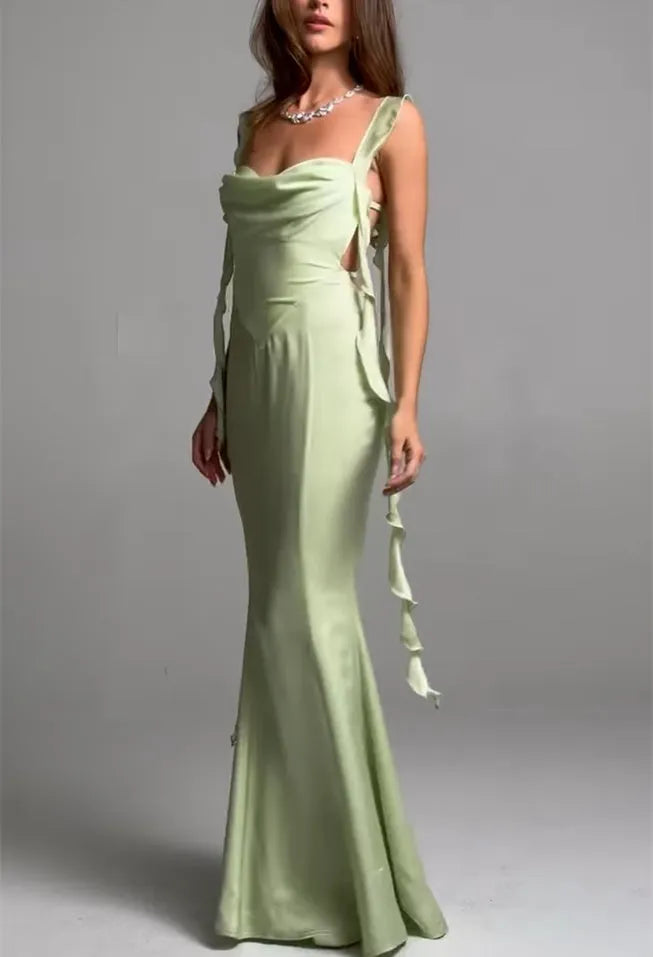 Light Green Satin Prom Dress Square Neckline Ruffled Straps with Ties Mermaid Silhouette