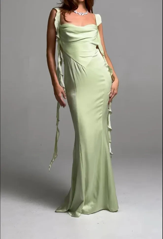 Light Green Satin Prom Dress Square Neckline Ruffled Straps with Ties Mermaid Silhouette