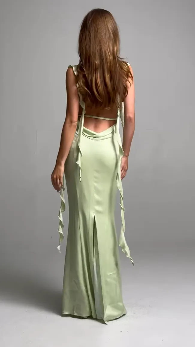 Light Green Satin Prom Dress Square Neckline Ruffled Straps with Ties Mermaid Silhouette