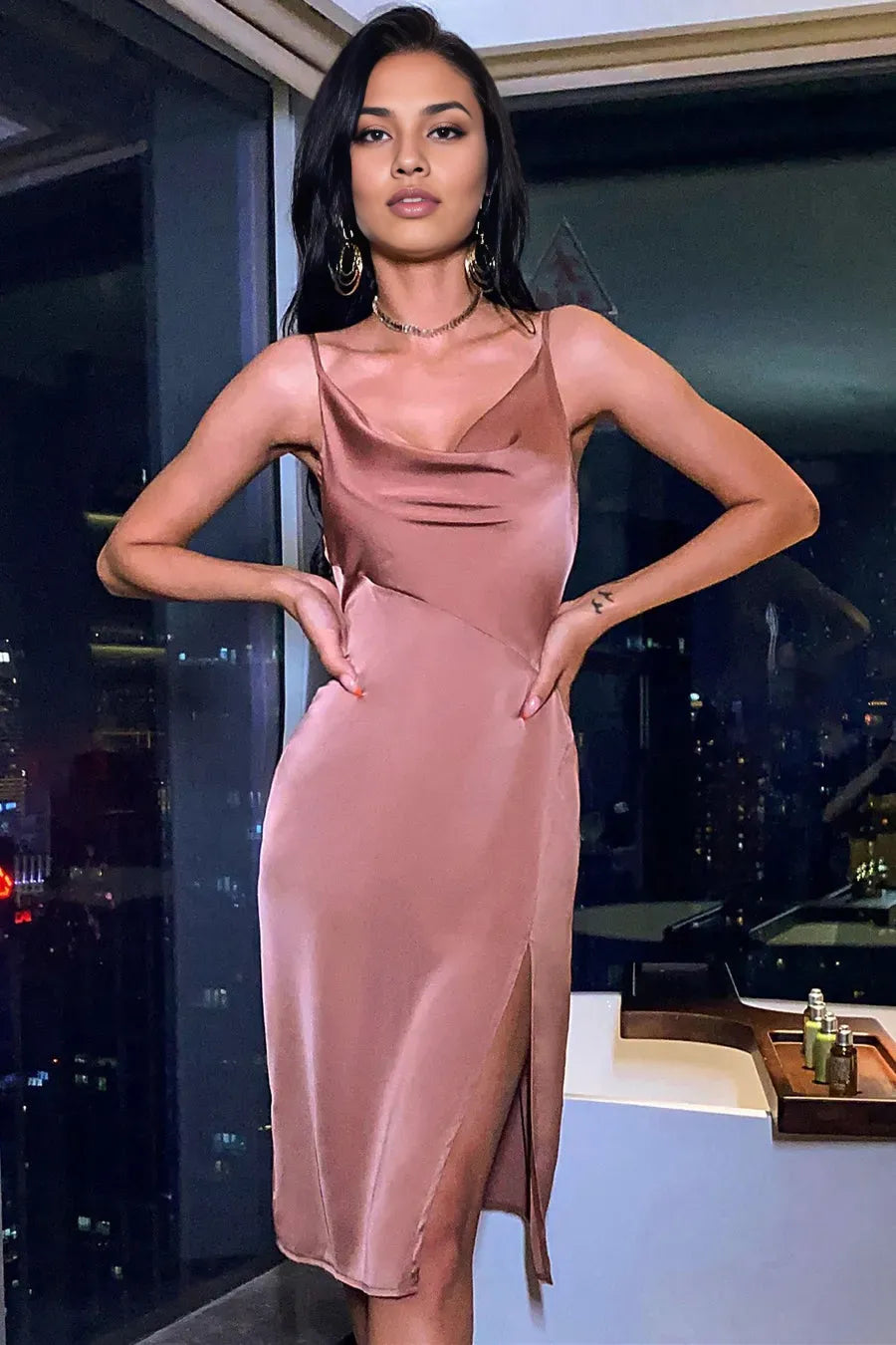 Light Grey Satin Cowl Neck Backless Party Dress