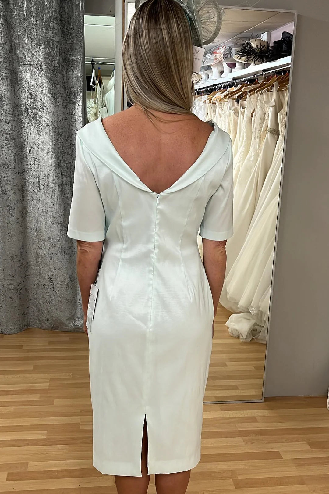 Light Mint Green Satin Surplice 1/2 Sleeves Mother of the Bride Dress