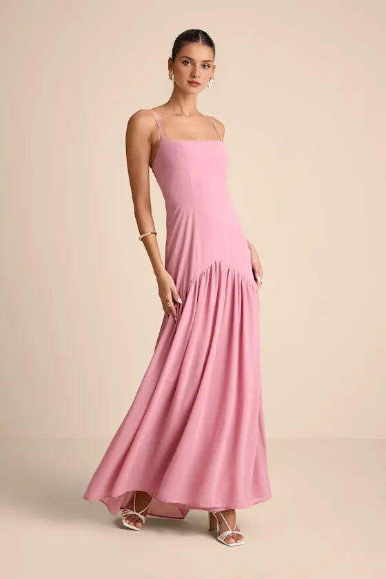 Light Pink Chiffon Drop Waist Evening Dresses