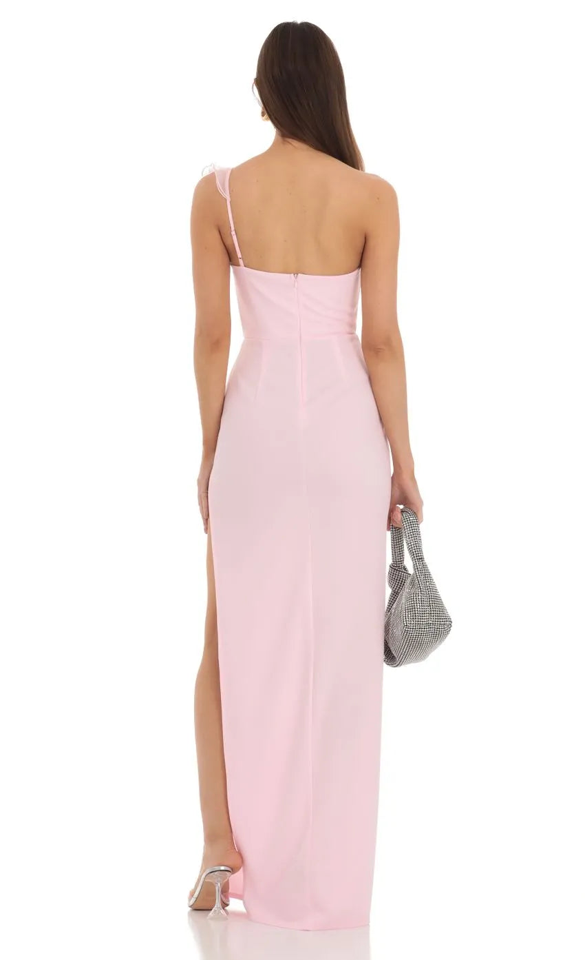Light Pink One Shoulder Prom Dress with Sheer Ruffle Accent Form Fitting Silhouette and High Thigh Slit for Elegant Formal Occasions