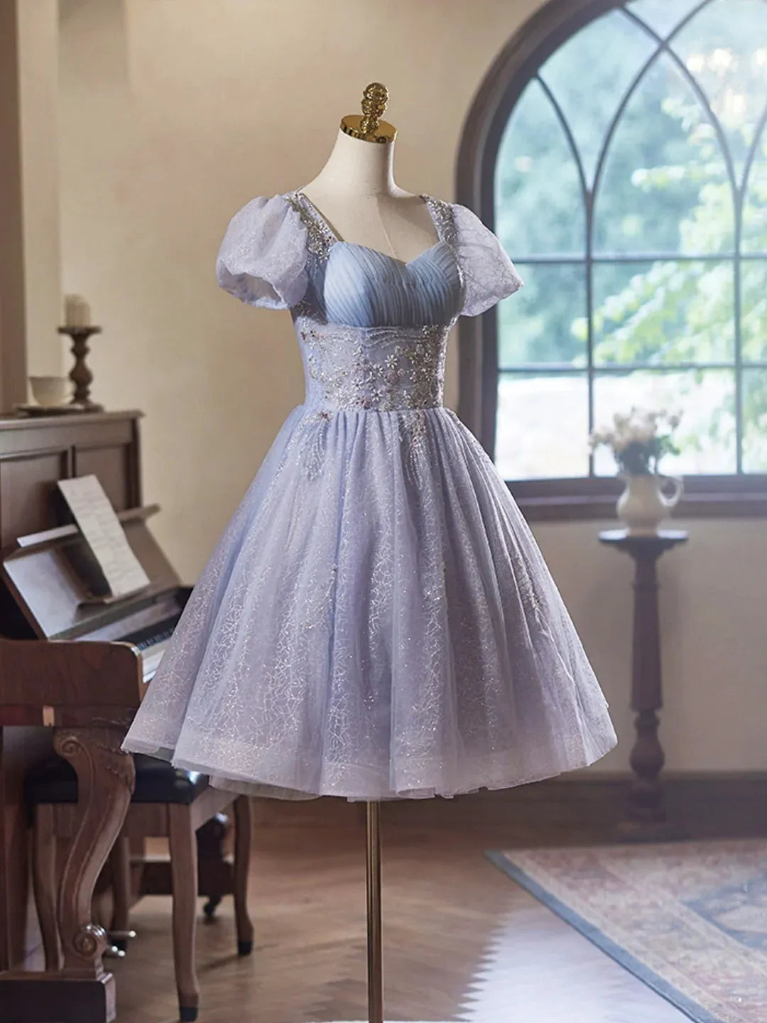 Light Purple Tulle Short Sleeves Homecoming Dress Beautiful Knee Length Prom Party Dress