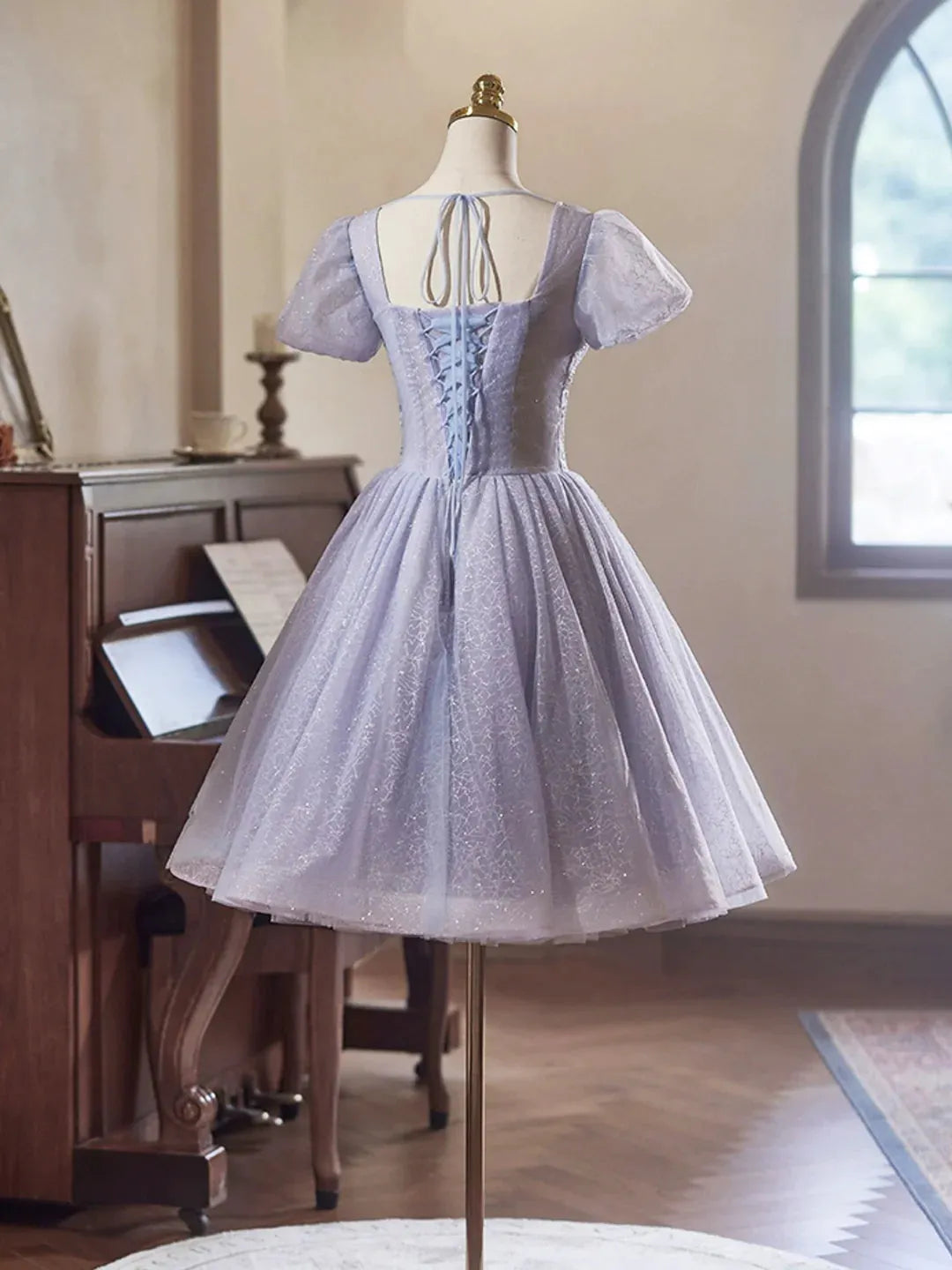 Light Purple Tulle Short Sleeves Homecoming Dress Beautiful Knee Length Prom Party Dress