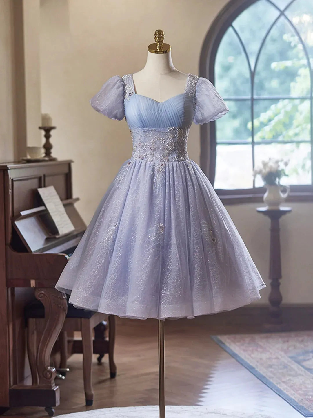 Light Purple Tulle Short Sleeves Homecoming Dress Beautiful Knee Length Prom Party Dress