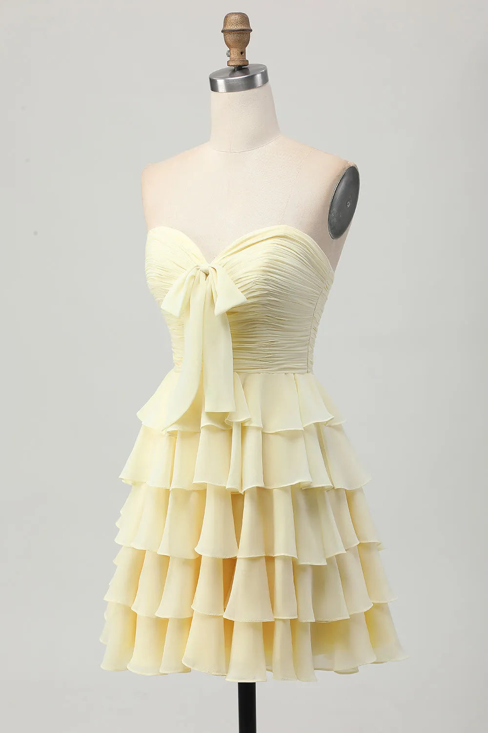 Light Yellow Sweetheart Ruched Ruffled Short Homecoming Dress with Bow