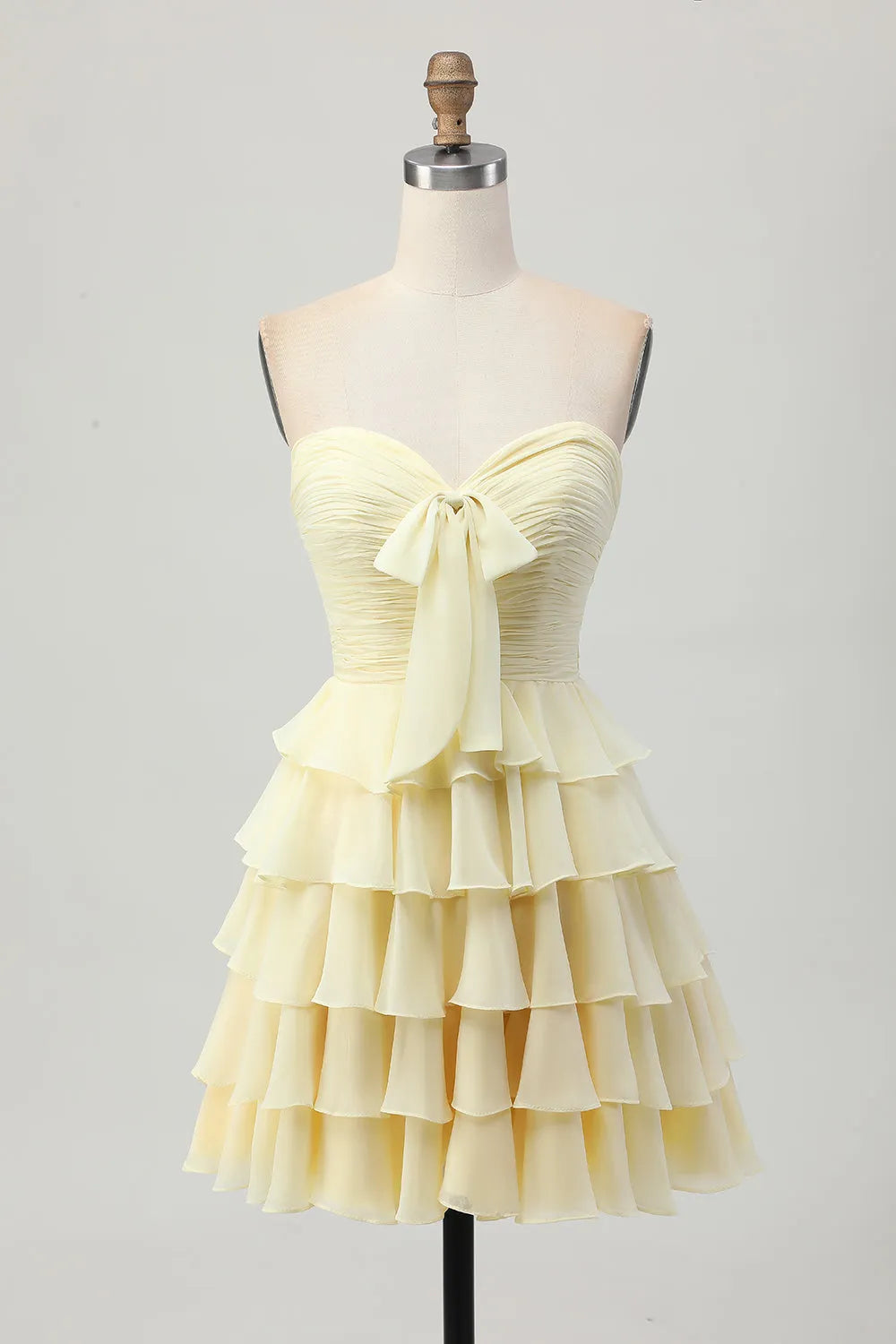 Light Yellow Sweetheart Ruched Ruffled Short Homecoming Dress with Bow