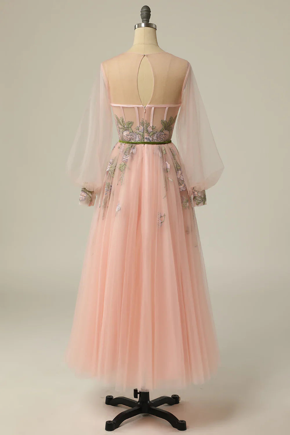 DingJiDress A Line Jewel Light Nude Long Prom Dress with Embroidery