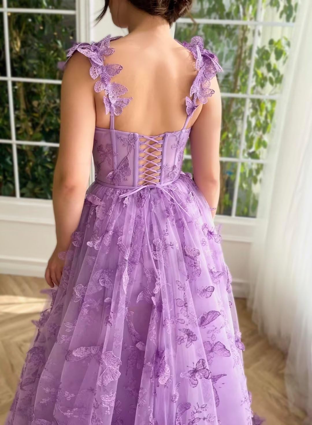 Long Tulle Prom Dress with 3D Butterflies Dress Ball Gown Evening Party Wedding Formal Dress Slit