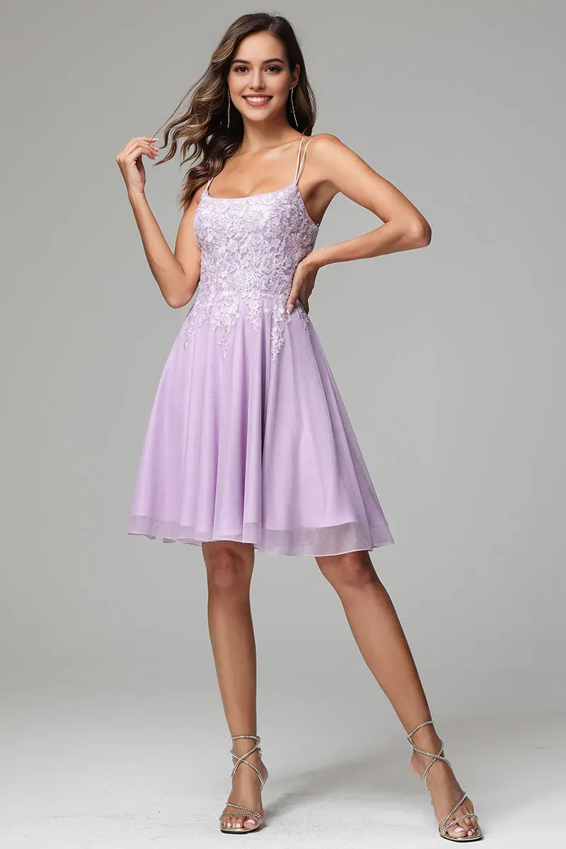 Lilac A-line Spaghetti Straps Short Homecoming Dress with Appliques ﻿