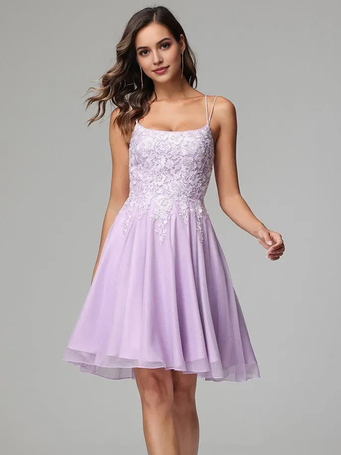 Lilac A-line Spaghetti Straps Short Homecoming Dress with Appliques ﻿