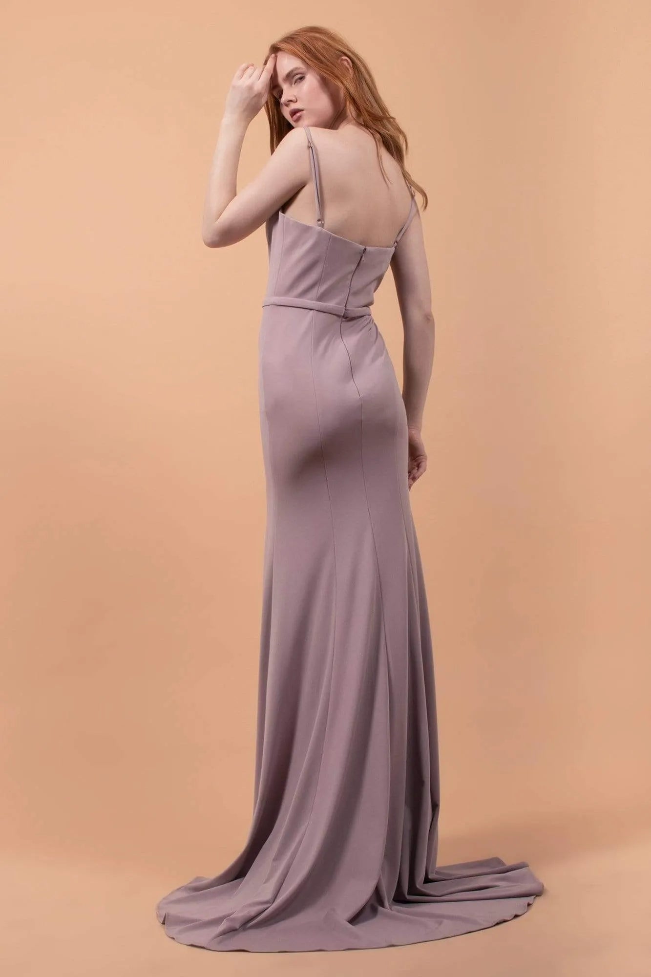 Lilac Chiffon Evening Gown with Square Neckline Spaghetti Straps Waist Defining Band High Side Slit and Mermaid Silhouette for Formal