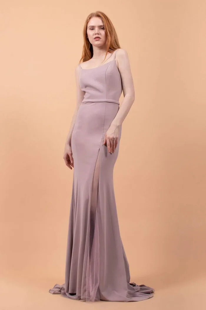 Lilac Chiffon Evening Gown with Square Neckline Spaghetti Straps Waist Defining Band High Side Slit and Mermaid Silhouette for Formal