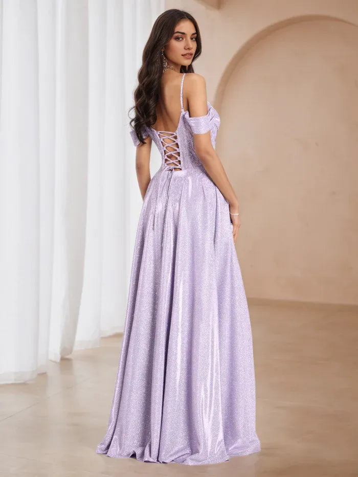 Lilac Glitter Off  Shoulder Prom Dress with Side Slit Asymmetric Strap Evening Gown