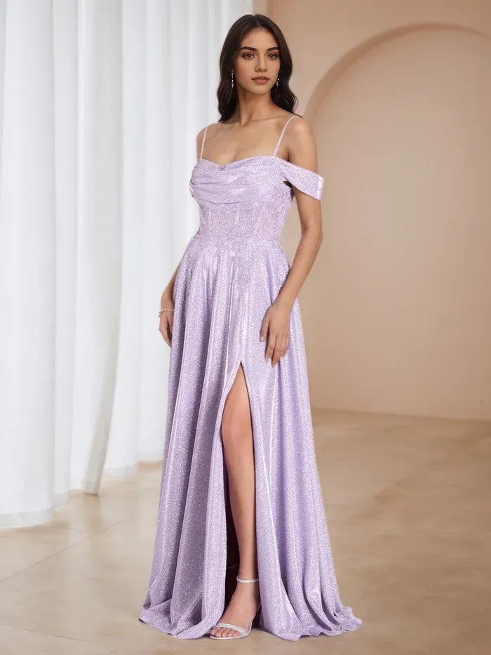 Lilac Glitter Off  Shoulder Prom Dress with Side Slit Asymmetric Strap Evening Gown