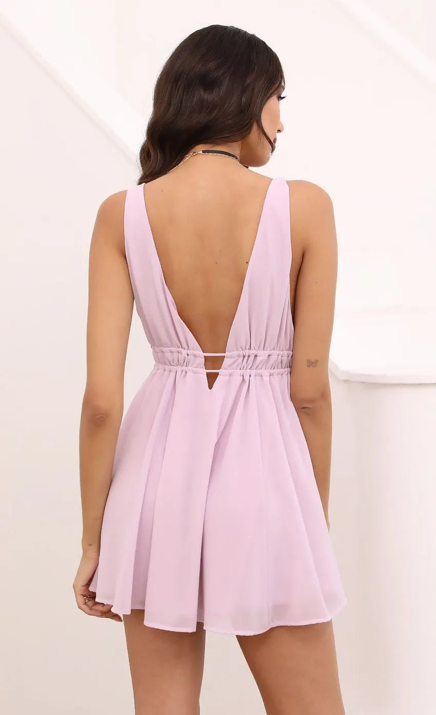 Lilac Homecoming Gown Plunging V  Neck Spaghetti Straps Elastic Waist Tie Up Detail and Flowy Skirt for Unforgettable Nights