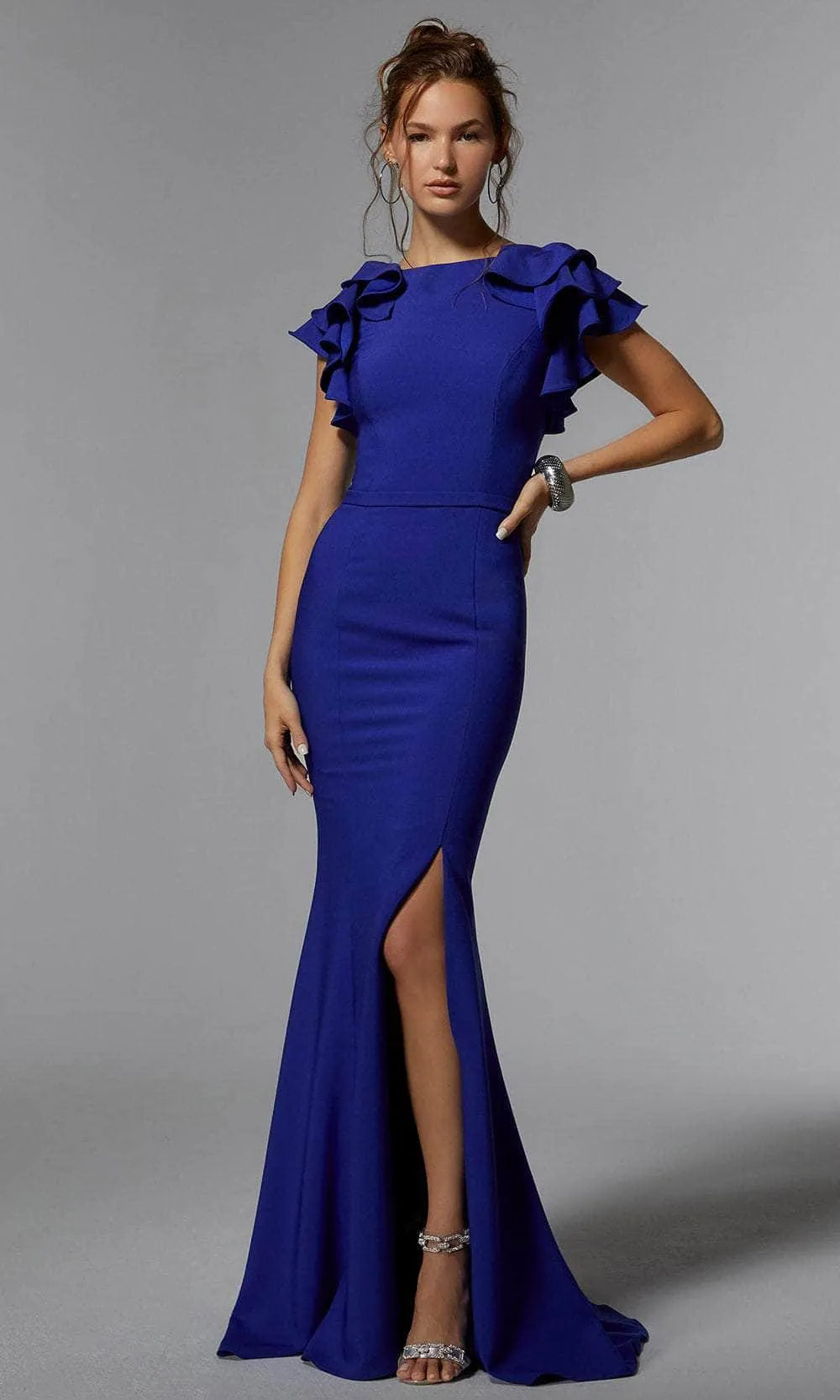 Lilac Mermaid Evening Dresses with Ruffled Cap Sleeves Boat Neckline Waist  Defining Seams and High Side Slit
