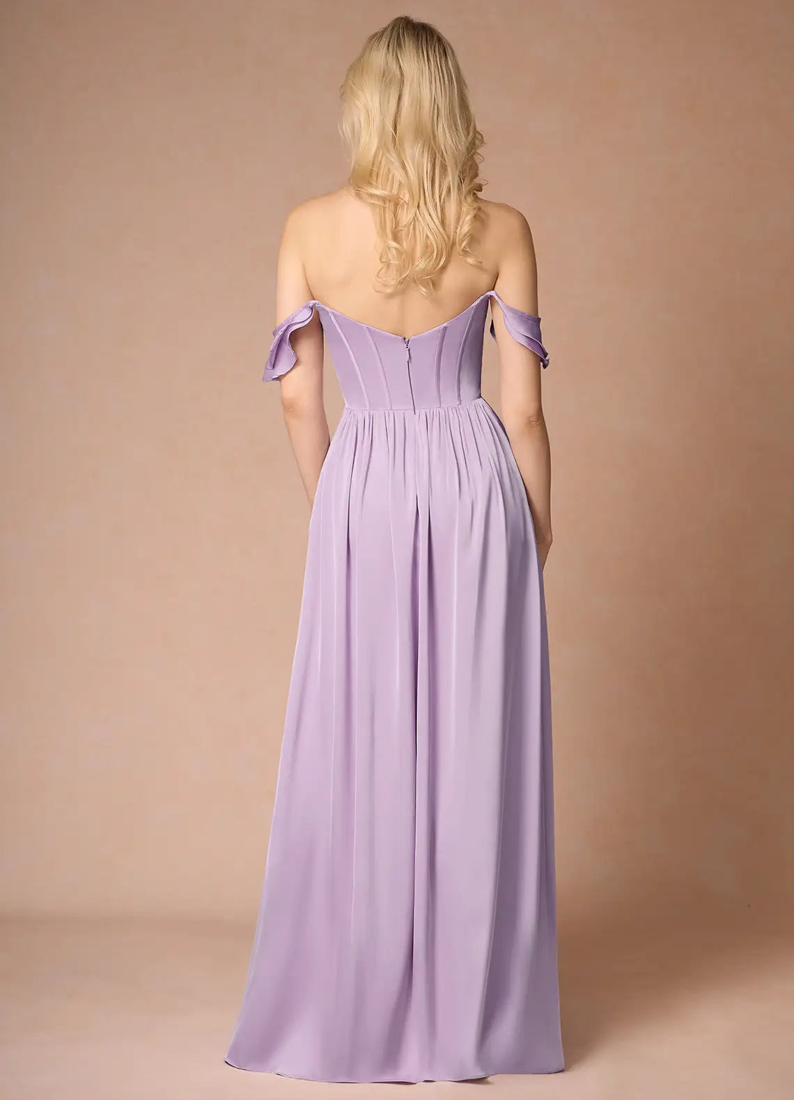 Lilac Off - Shoulder Prom Dress with Ruffled Sleeves Corset Bodice and High Slit for Formal Occasions