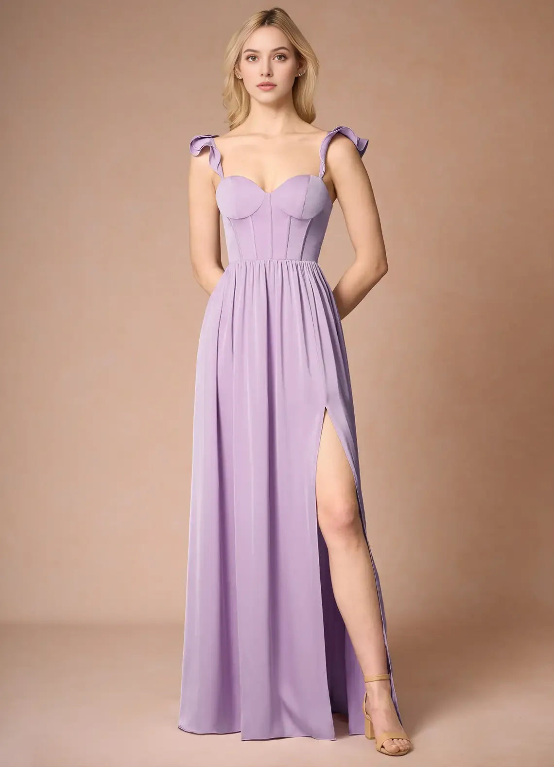 Lilac Off - Shoulder Prom Dress with Ruffled Sleeves Corset Bodice and High Slit for Formal Occasions