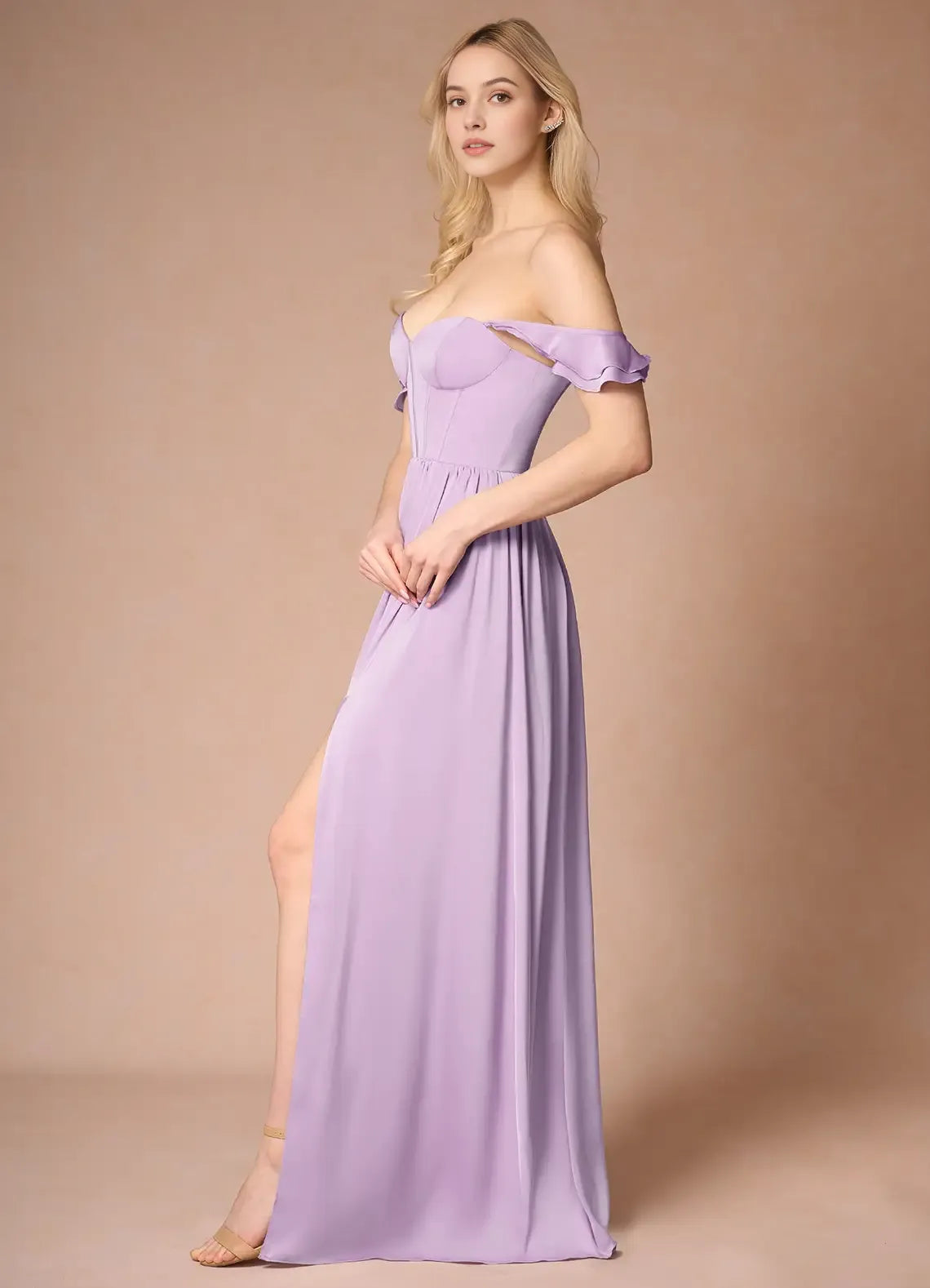 Lilac Off - Shoulder Prom Dress with Ruffled Sleeves Corset Bodice and High Slit for Formal Occasions