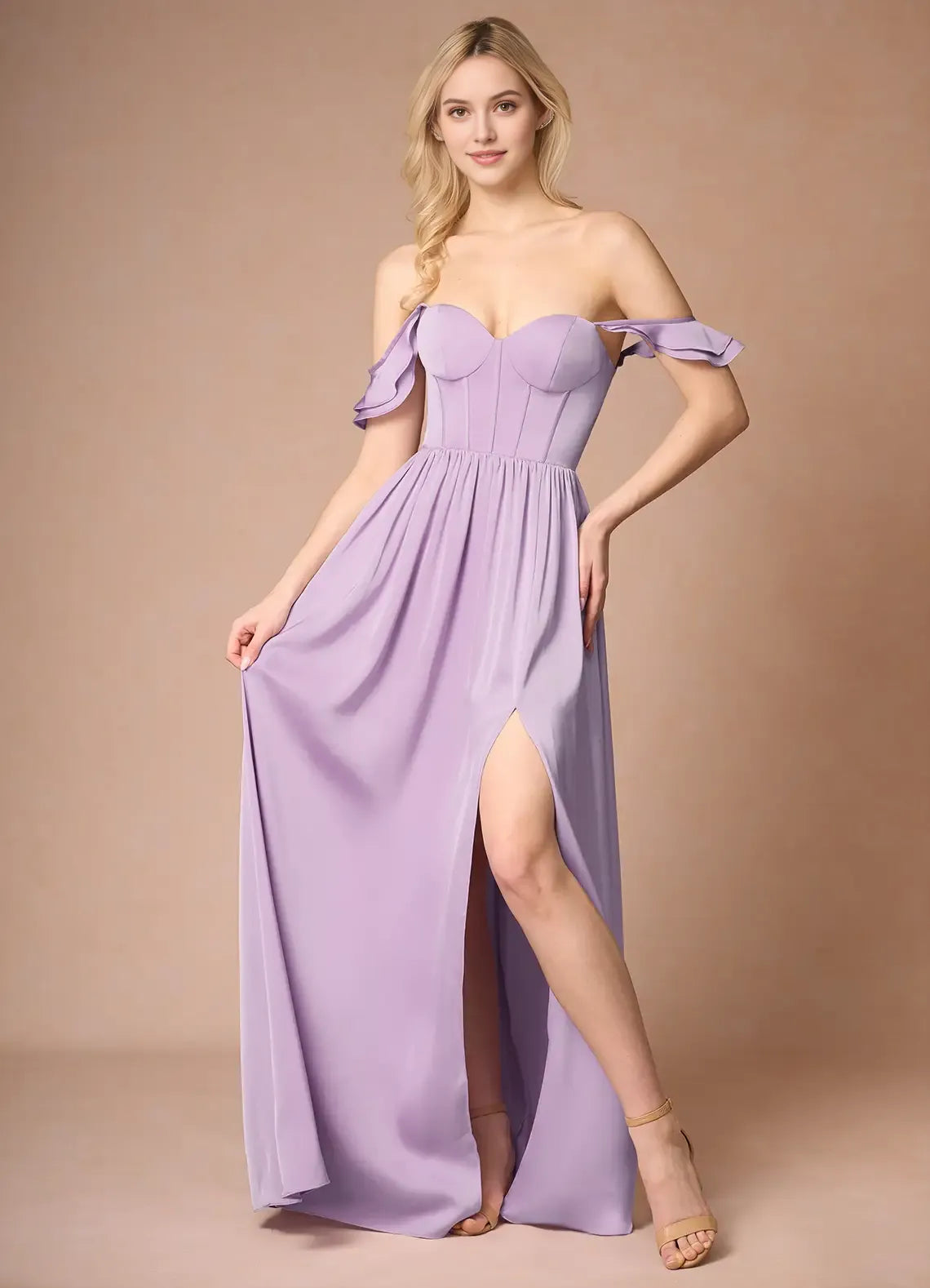 Lilac Off - Shoulder Prom Dress with Ruffled Sleeves Corset Bodice and High Slit for Formal Occasions