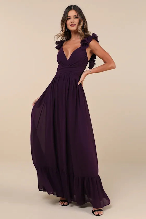 Lilac Ruffled Lace-Up Evening Dresses