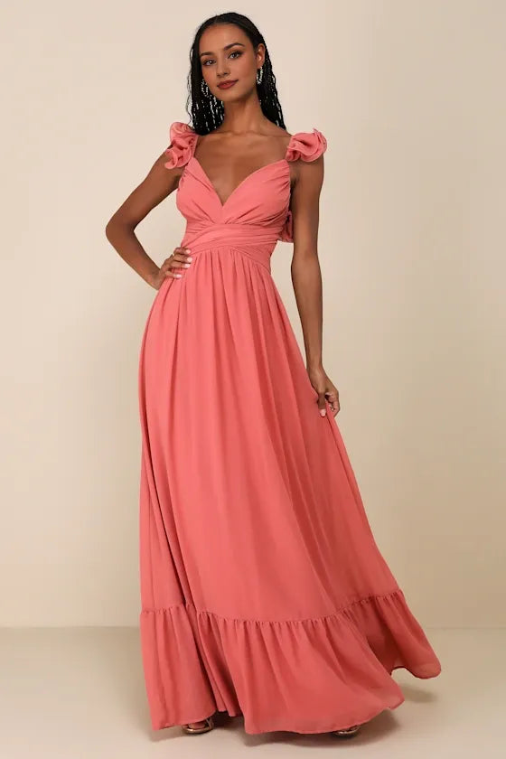 Lilac Ruffled Lace-Up Evening Dresses