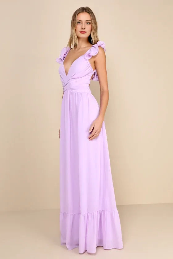 Lilac Ruffled Lace-Up Evening Dresses