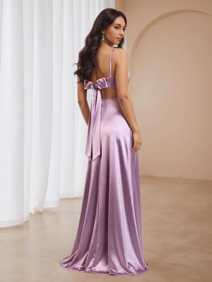 Lilac Satin Prom Dress with Cowl Neckline Thin Spaghetti Straps and High Side Slit Luxurious Silky Fabric for Elegant Evening Occasions