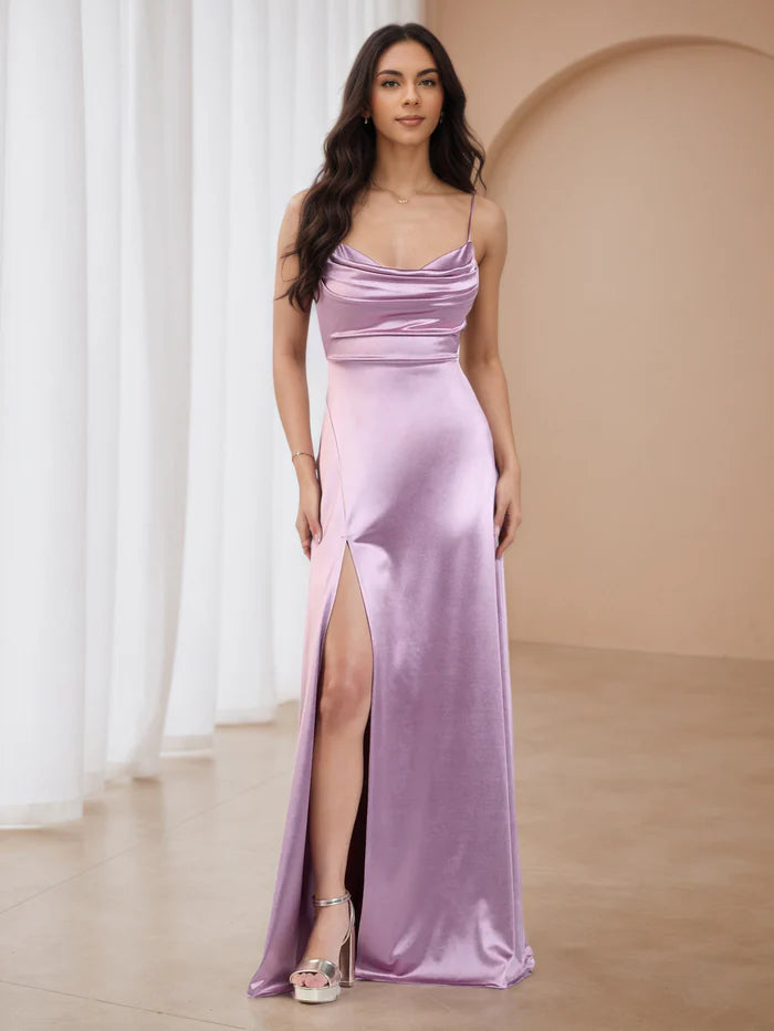 Lilac Satin Prom Dress with Cowl Neckline Thin Spaghetti Straps and High Side Slit Luxurious Silky Fabric for Elegant Evening Occasions