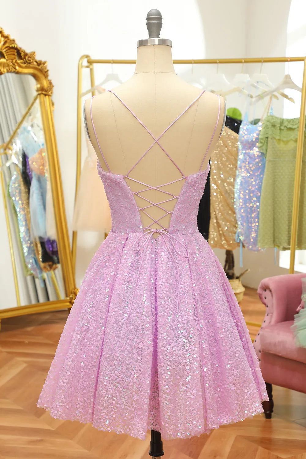 Lilac Sequins A-Line Lace-Up Homecoming Dress ﻿