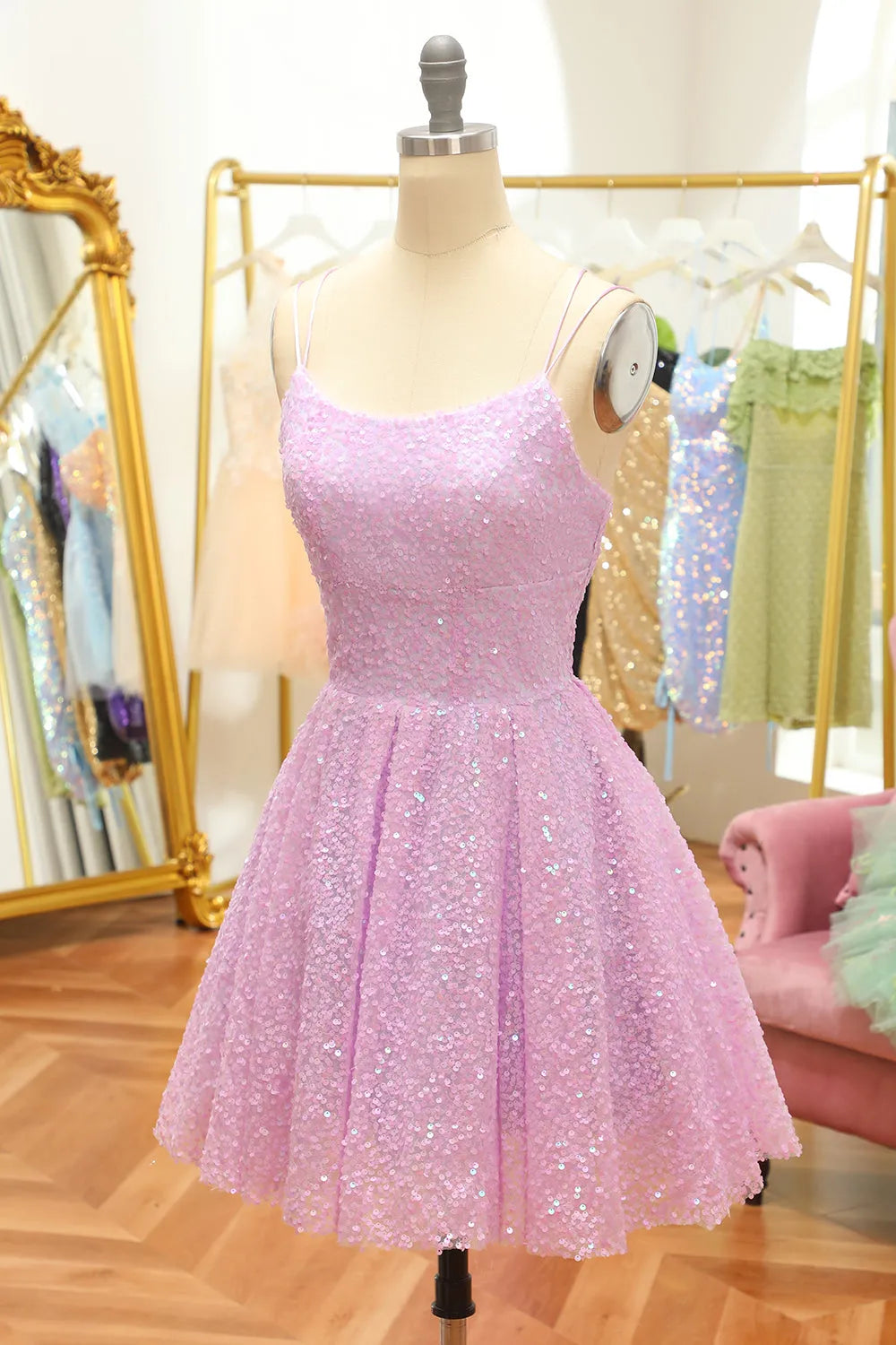 Lilac Sequins A-Line Lace-Up Homecoming Dress ﻿