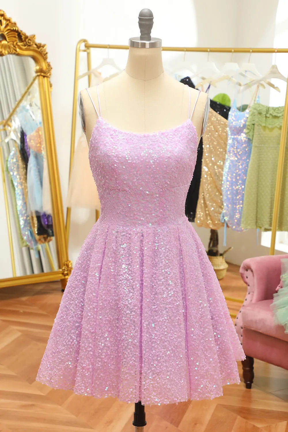 Lilac Sequins A-Line Lace-Up Homecoming Dress ﻿