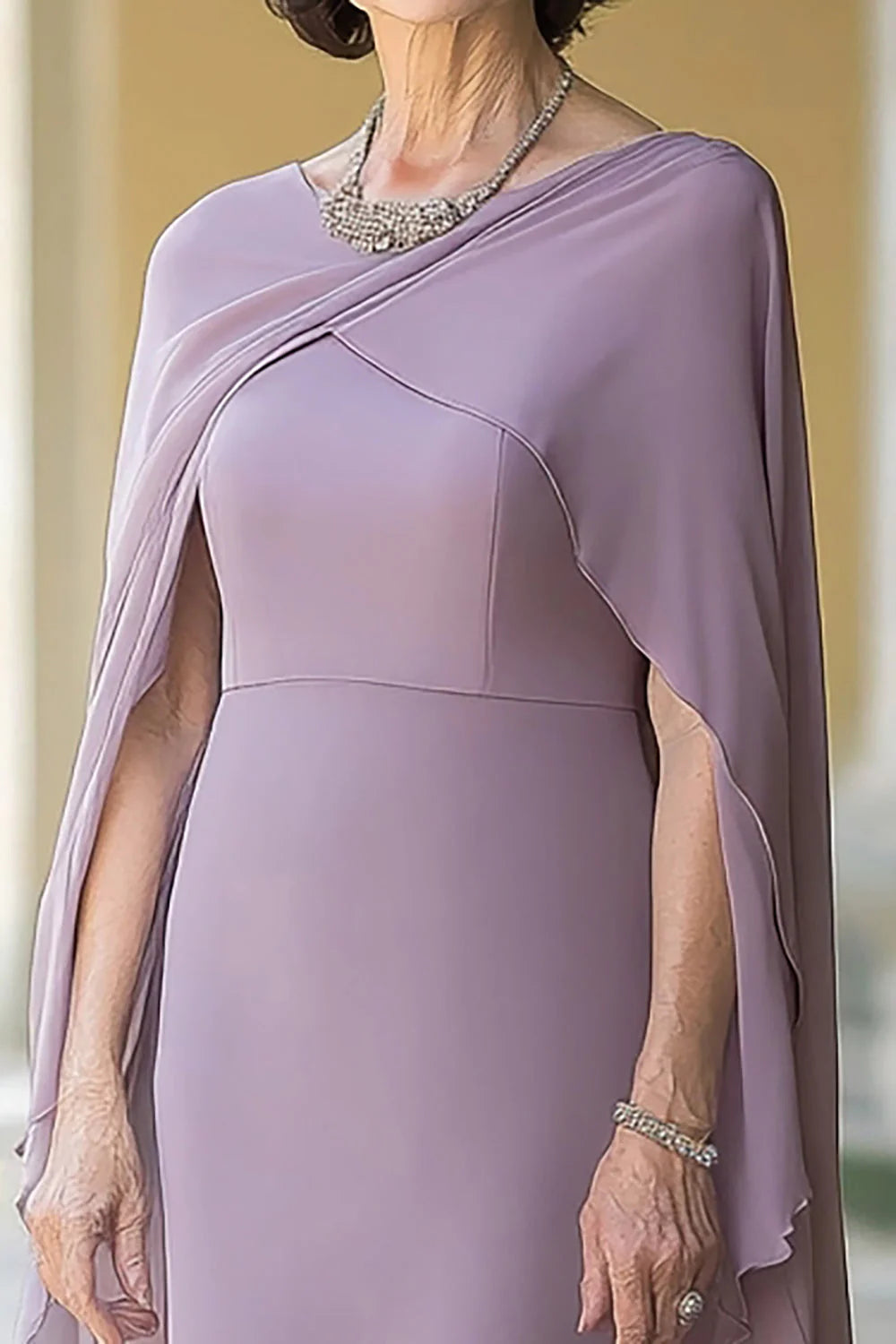 Lilac Sheath Chiffon Long Mother of the Bride Dress with Cape Sleeves