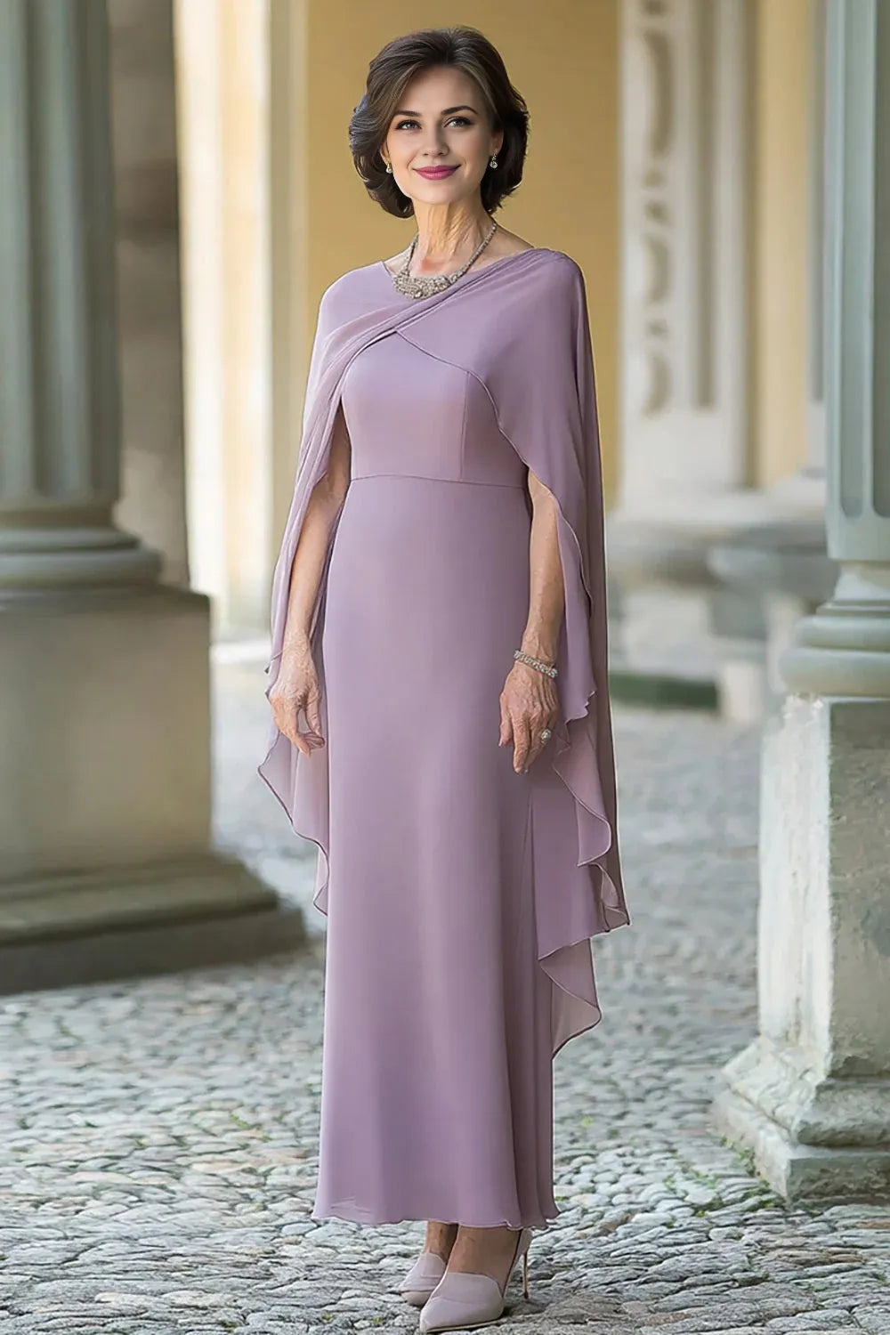 Lilac Sheath Chiffon Long Mother of the Bride Dress with Cape Sleeves