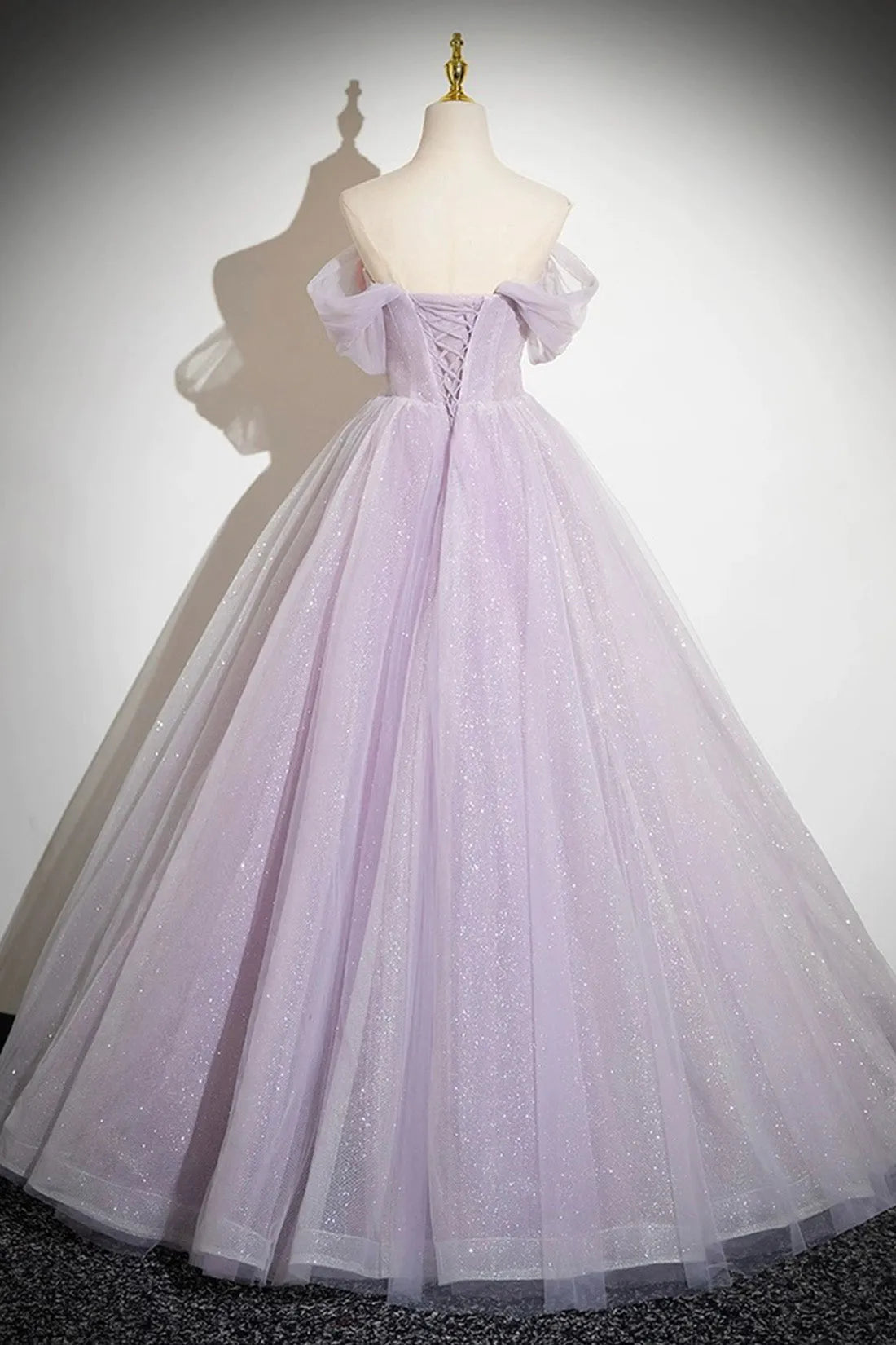Lilac A-Line Off the Shoulder Strapless Tulle Long with Flowers Lace Up Formal Prom Dresses  ﻿