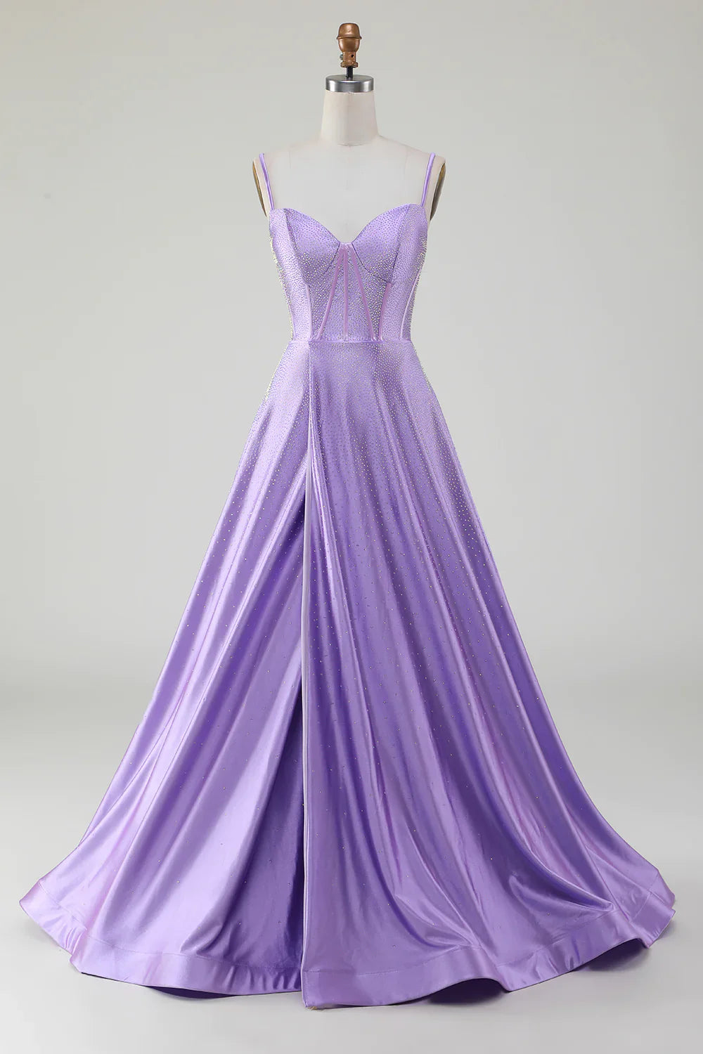 DingJiDress Simple Sparkly Lilac A-Line Side Slit Corset Prom Dresses with Rhinestones