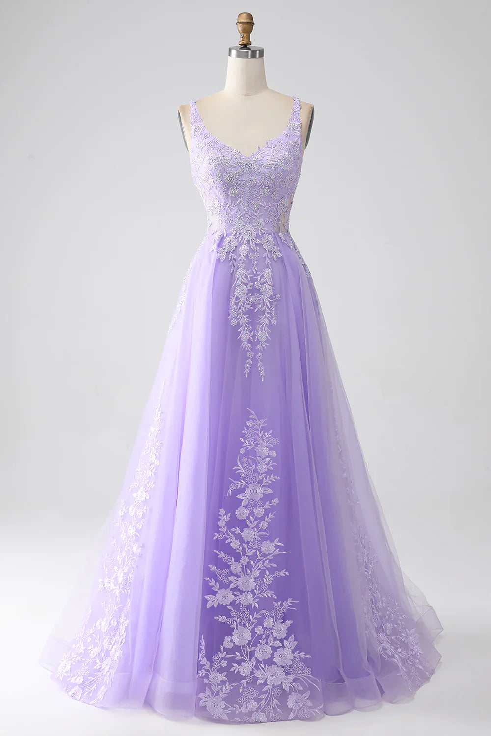 DingJiDress Lilac A-Line Spaghetti Straps Tulle Long Prom Dress with Appliques