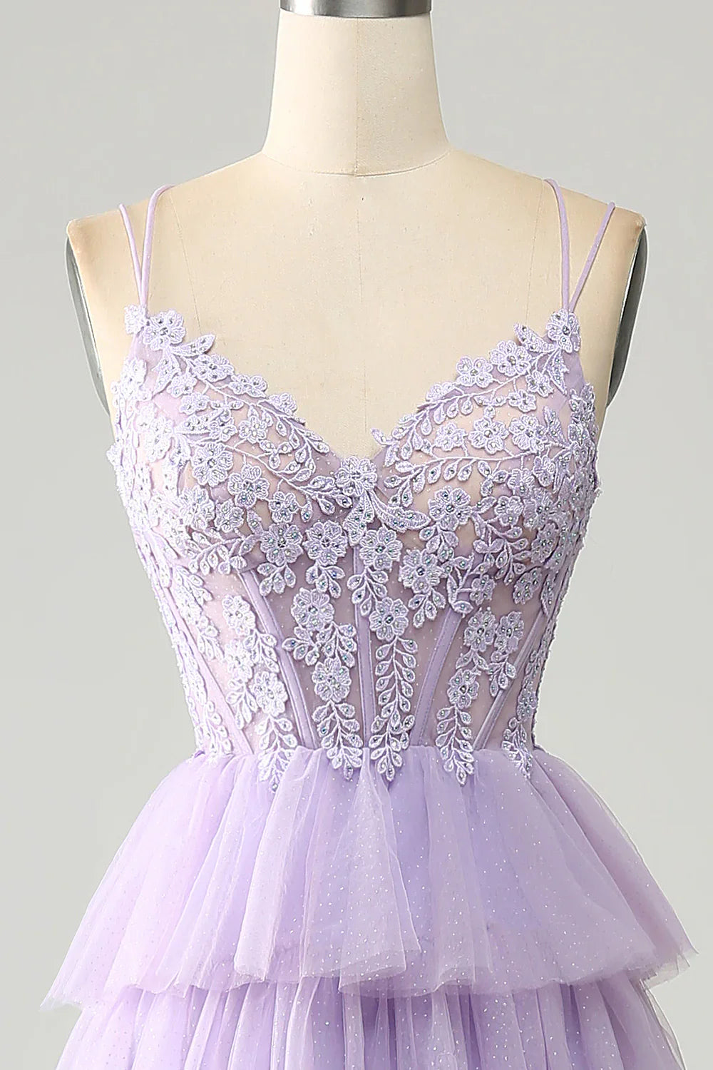 DingJiDress Lilac Tulle Tiered Princess Corset Prom Dress with Appliques