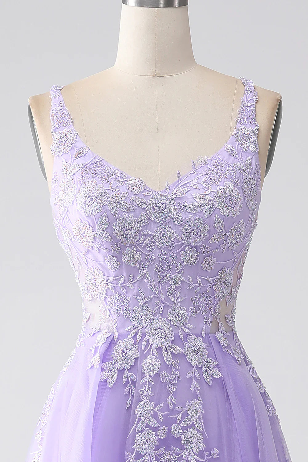 DingJiDress Lilac A-Line Spaghetti Straps Tulle Long Prom Dress with Appliques